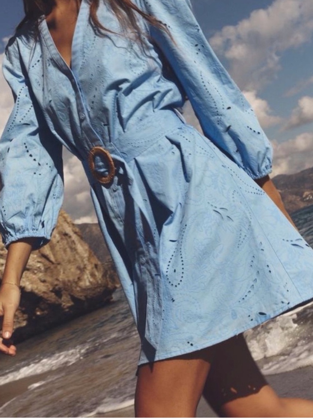 Zara Light Blue Eyelet V-Neck Belted Mini Dress